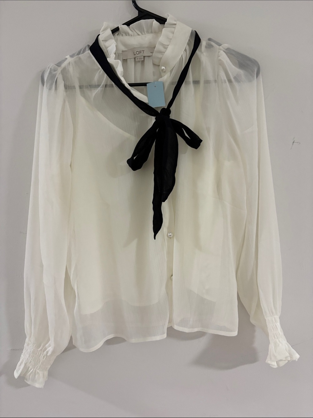 LOFT Ivory Sheer Blouse with Black Neck Tie NWT size small petite sp